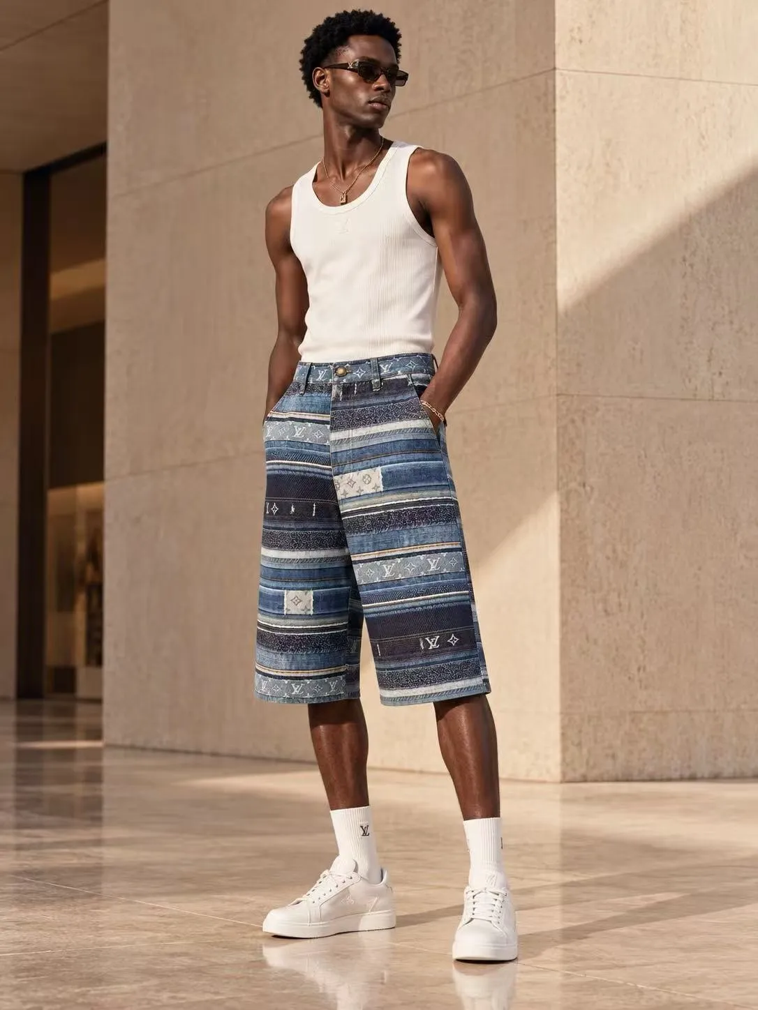 Louis Vuitton/Louis Vuitton presbyopic patchwork striped denim shorts